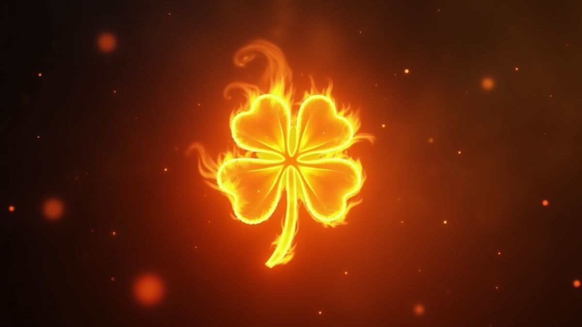 Glowing four-leaf clover surrounded by flames.