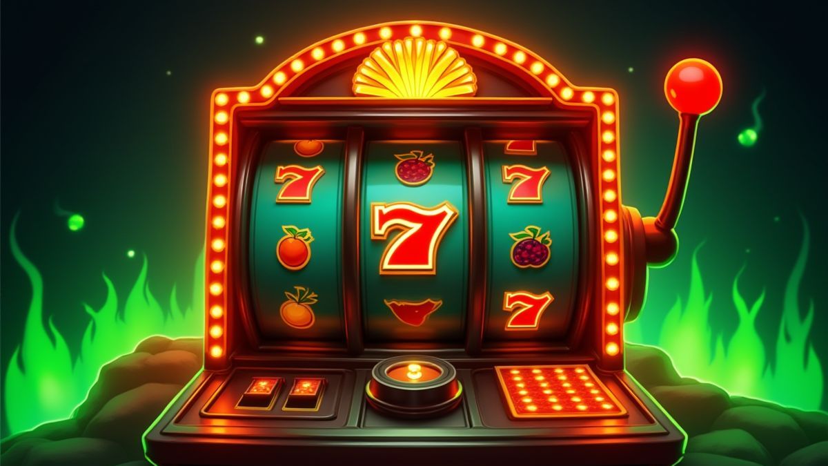 Retro slot machine with fruit symbols and green flames.