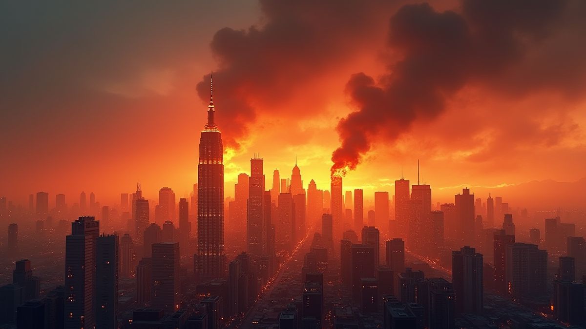Uitzicht op een brandende stad met rook die de lucht in stijgt.