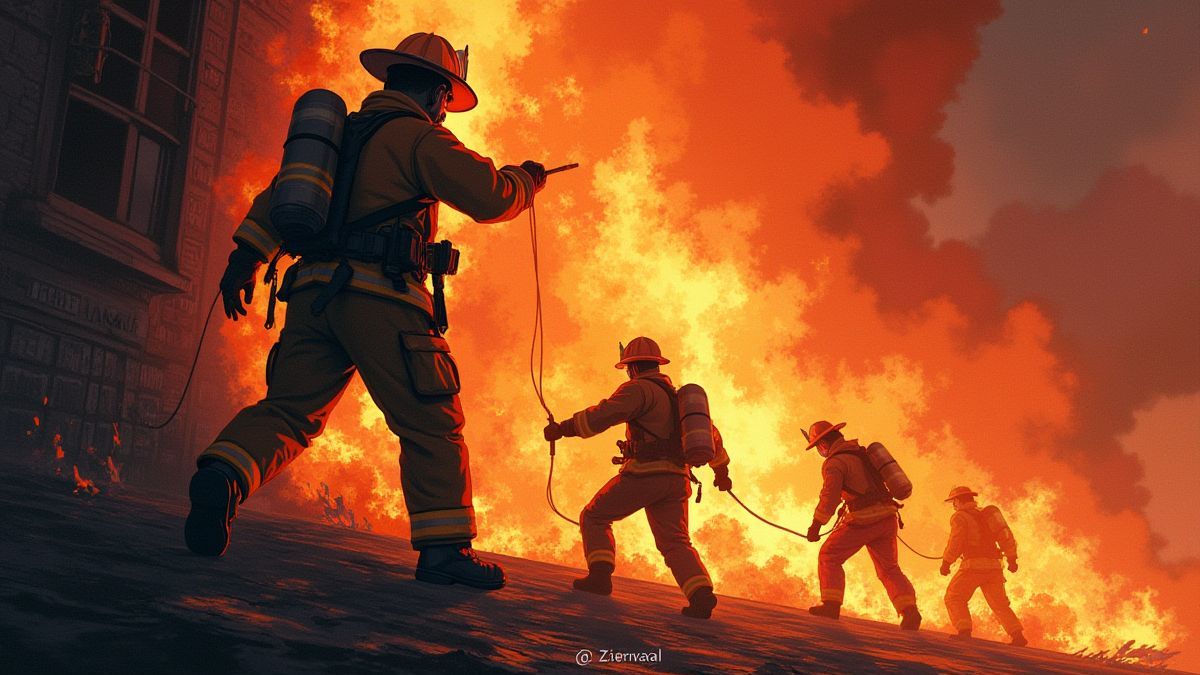 Brandweerman die mensen redt uit een brandend gebouw.