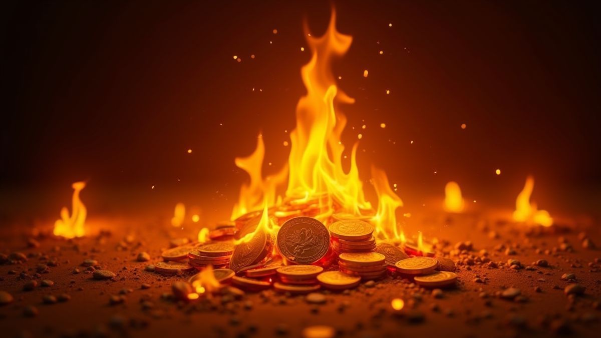 Monedas doradas rodeadas de brasas y llamas