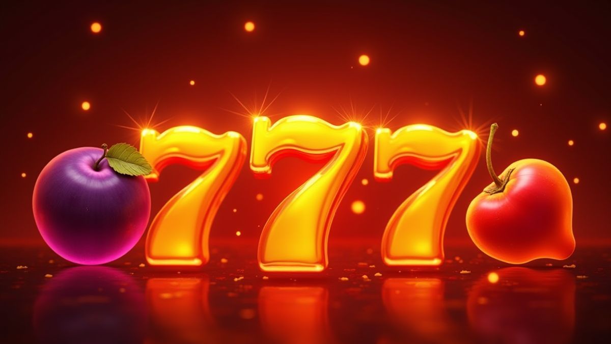Classic symbols like fruits and sevens glowing in a fiery background.