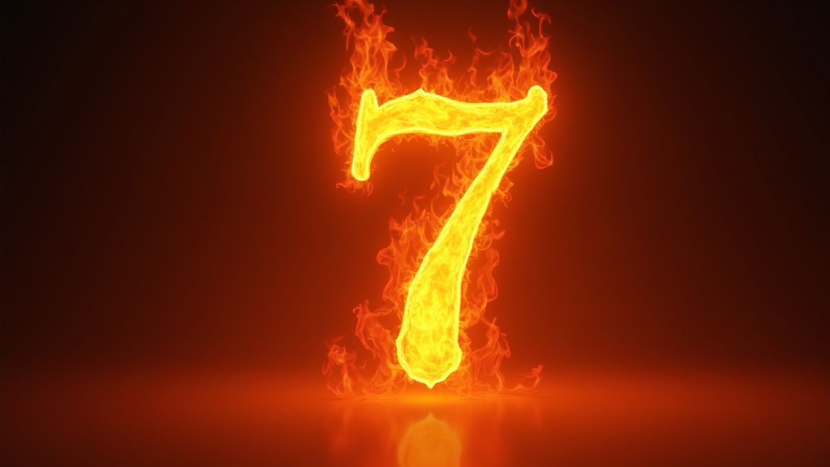 Flaming seven symbol surrounded by flames.