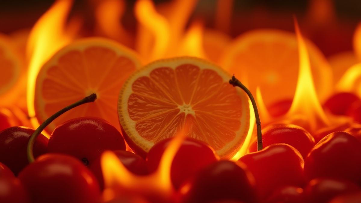 Fiery fruits like cherries and lemons surrounded by flames