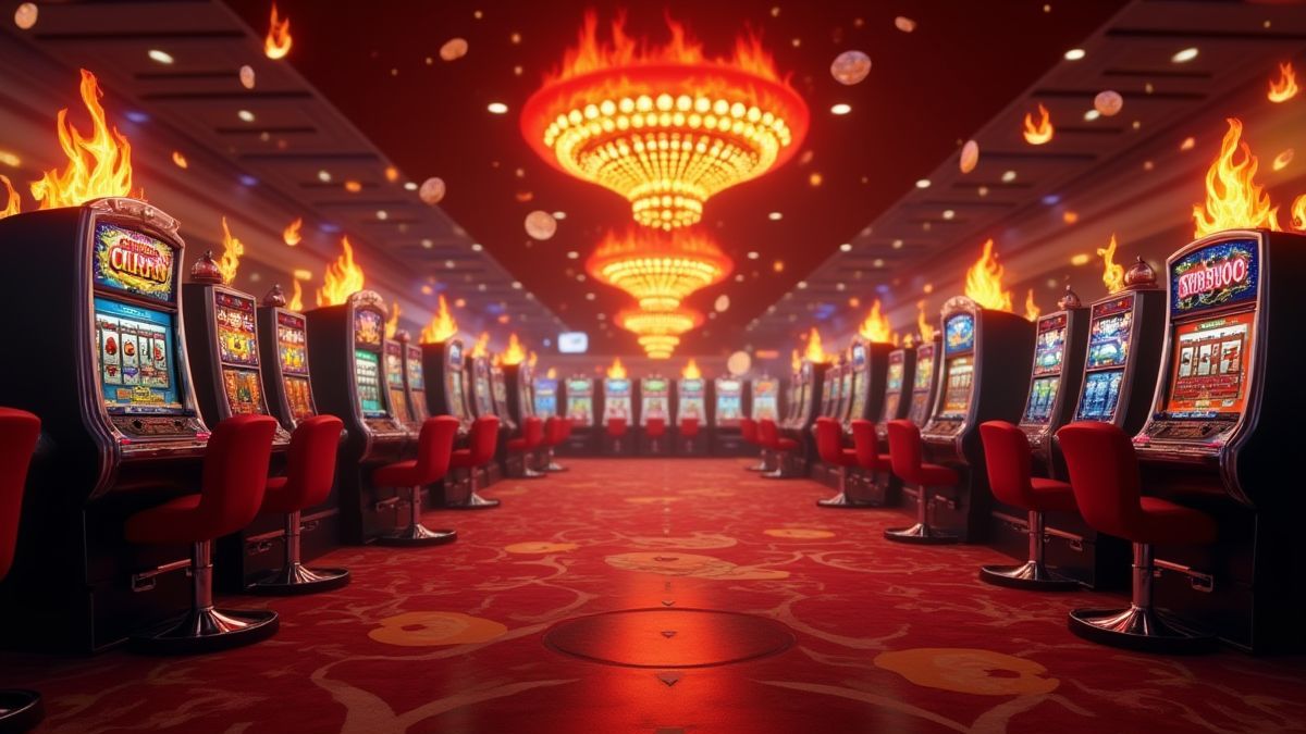 A casino with fiery decorations and a slot machine as the centerpiece