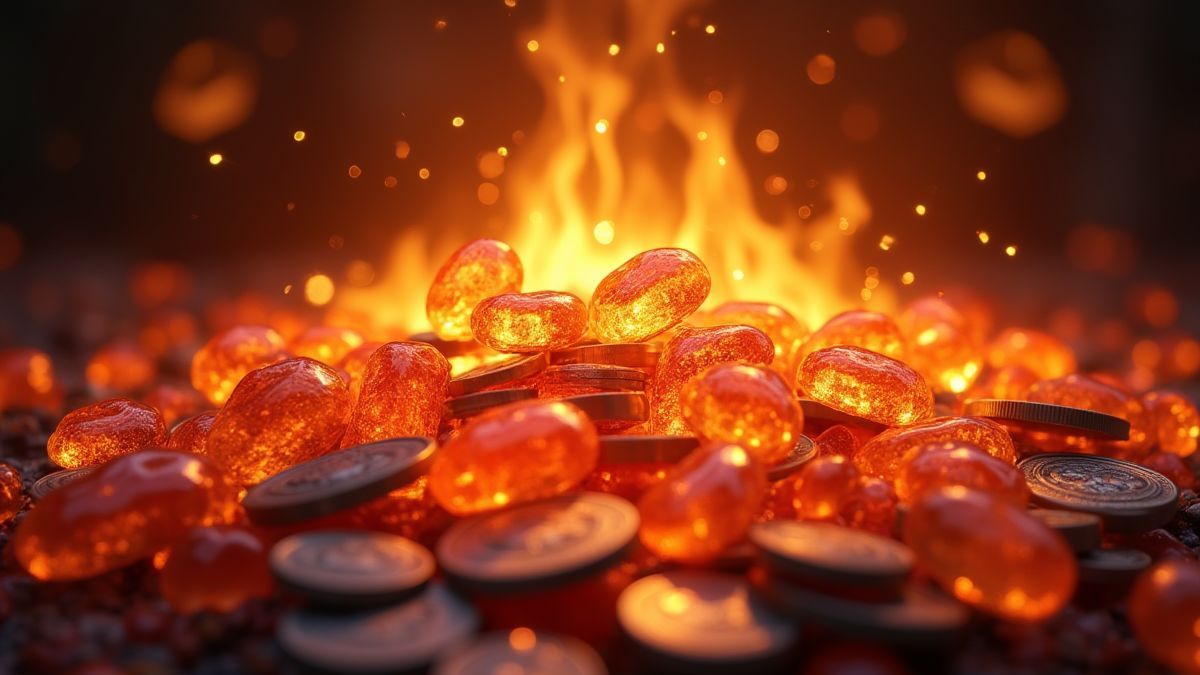Gemas y monedas resplandecientes bajo un brillo ardiente.
