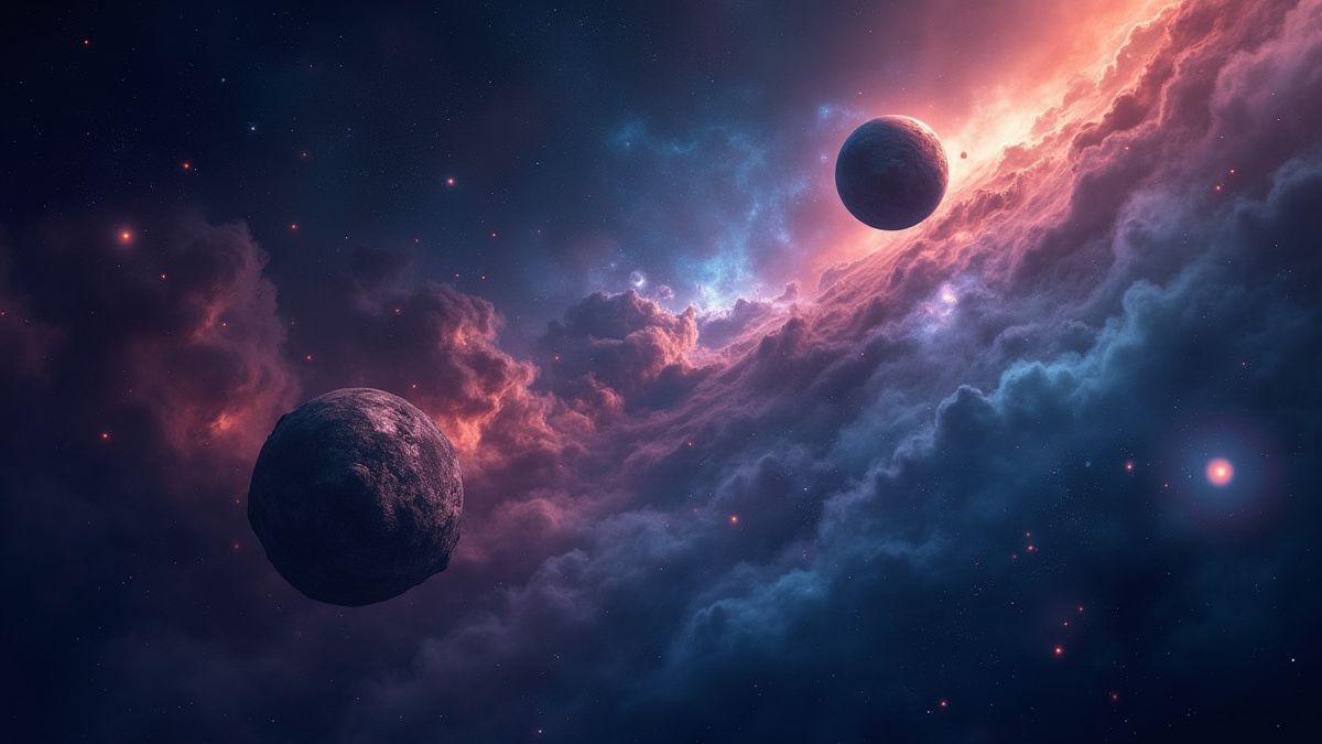 Elementos cósmicos flotando en el espacio, como estrellas y planetas.