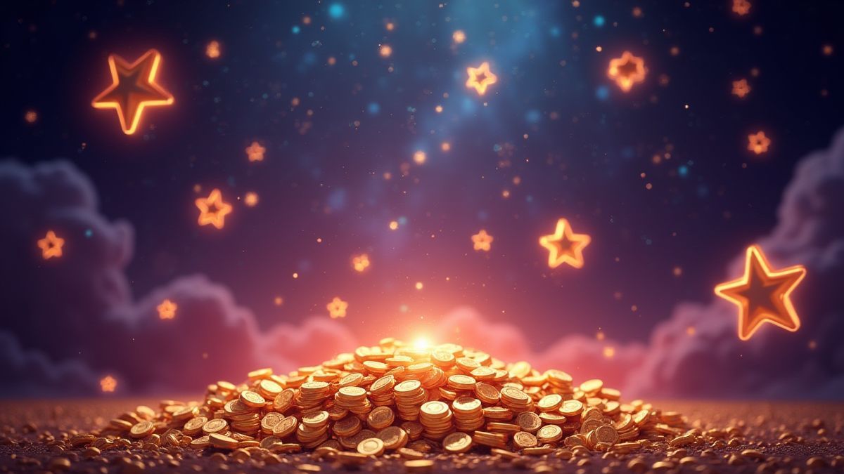 Cosmic scene with bright stars and coins falling.