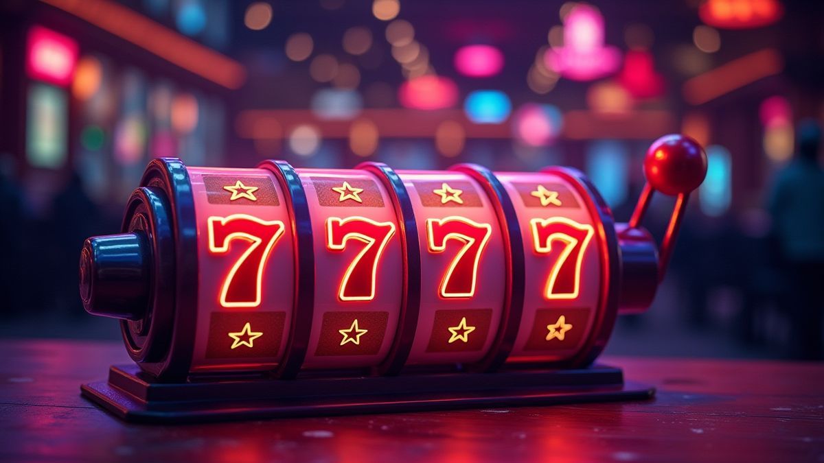 Casino rétro avec lumières de néon et symboles de machines à sous comme étoiles et sept.