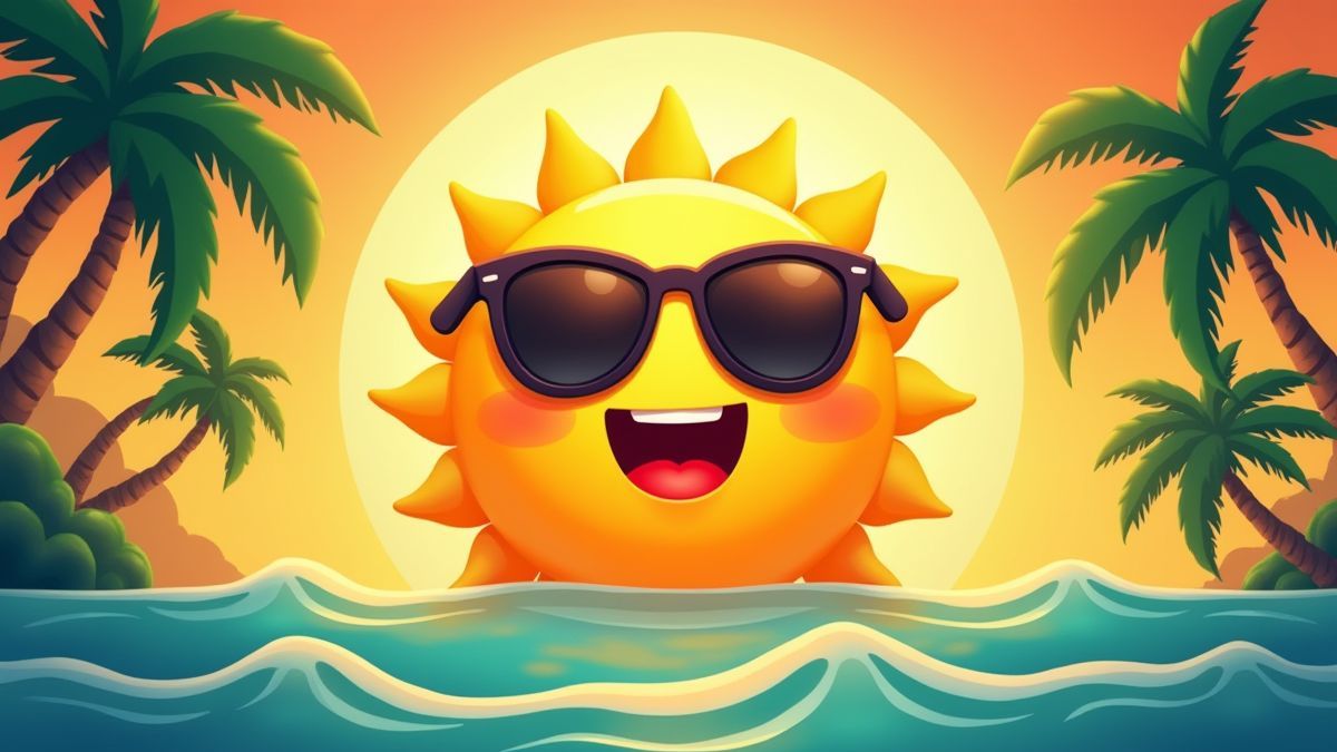 Un soleil animé avec lunettes de soleil sur un fond tropical coloré.
