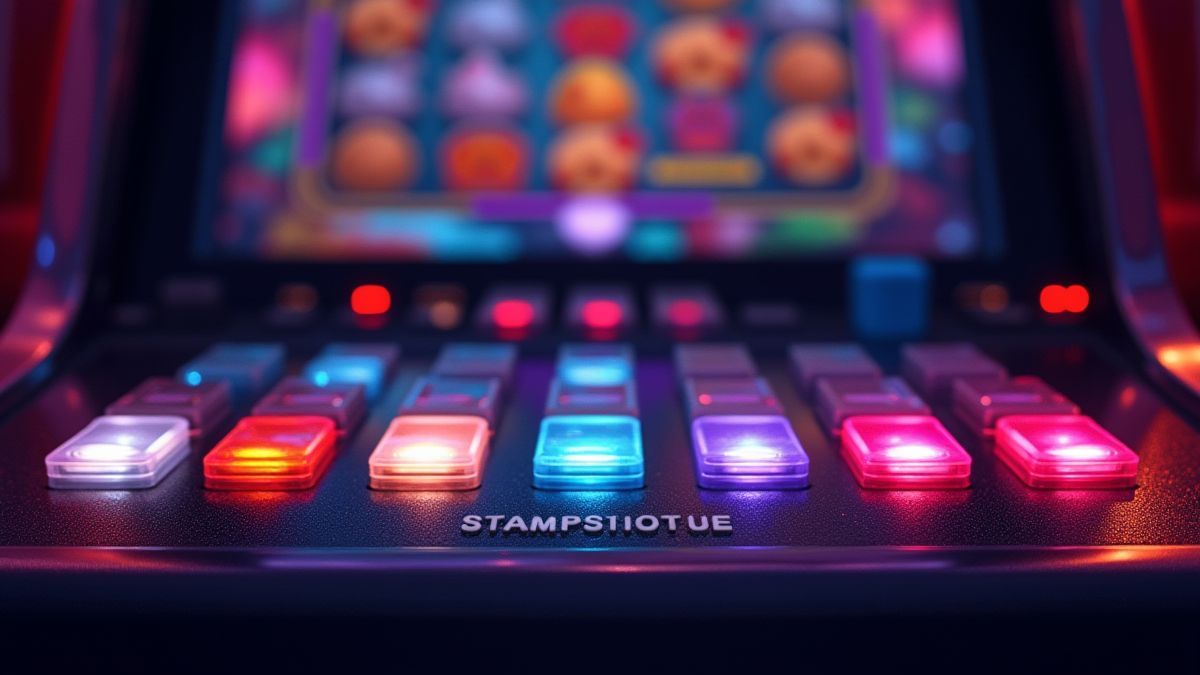 Steuerpanel eines Spielautomaten mit leuchtenden Tasten und kosmischer Dekoration.