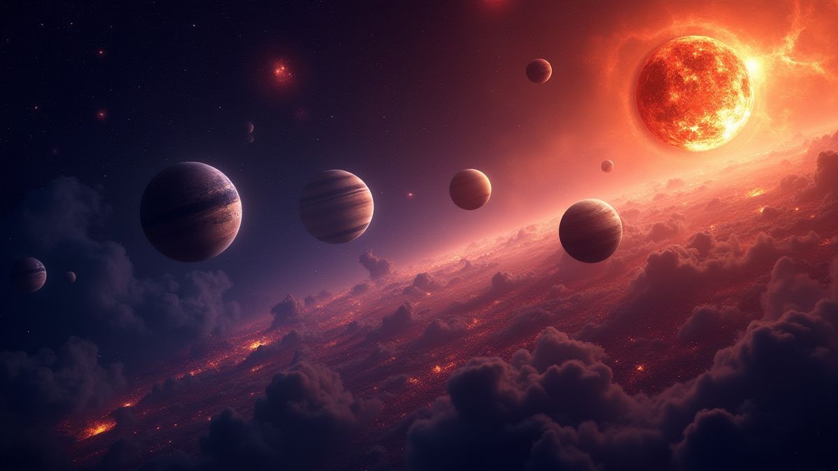 Ein kosmischer Hintergrund mit leuchtenden Sternen, Planeten und einer brennenden Sonne.