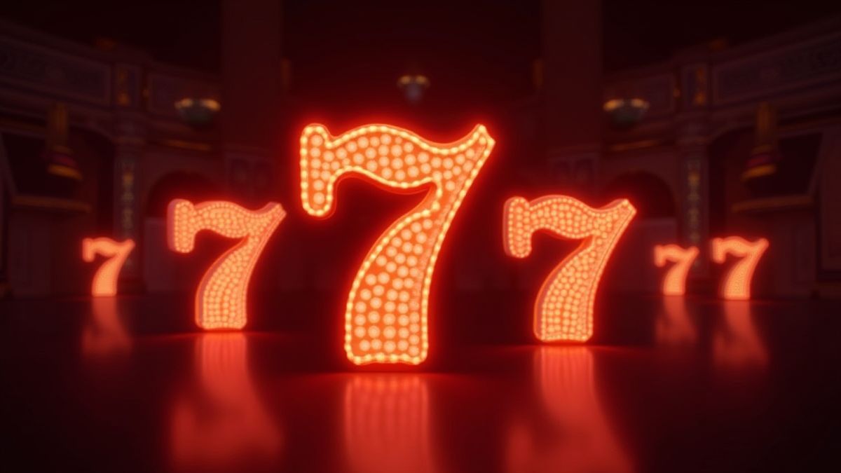 Símbolos de Lucky 7 brilhando em um fundo de cassino escuro.