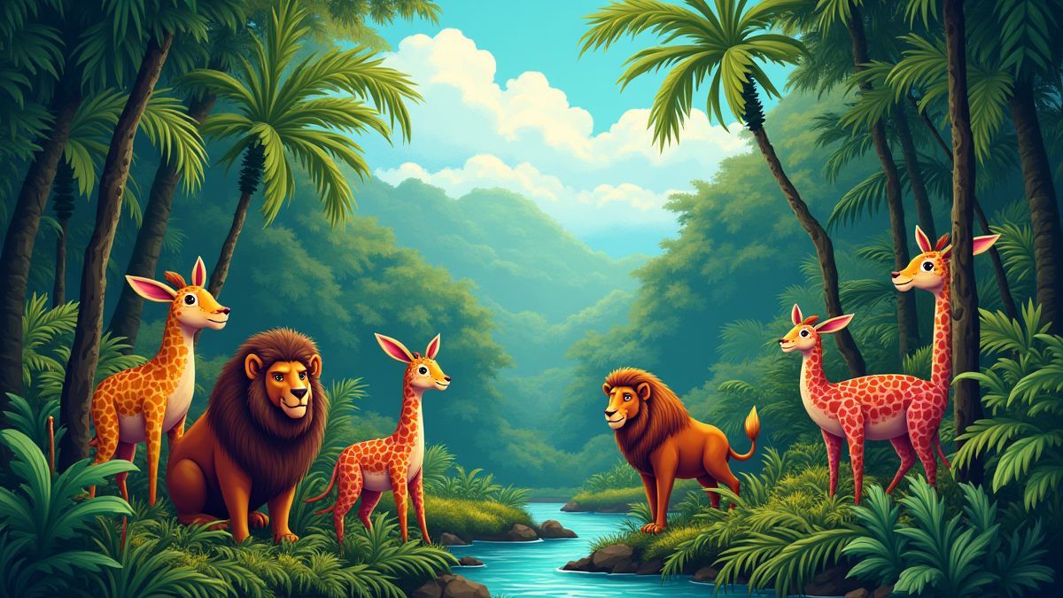 Jungle landscape with colorful animals and tribal drums.