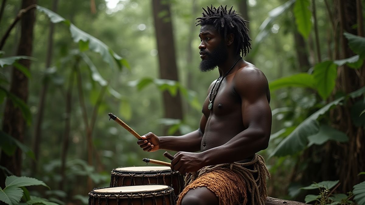Tribal drummer in a jungle setting.