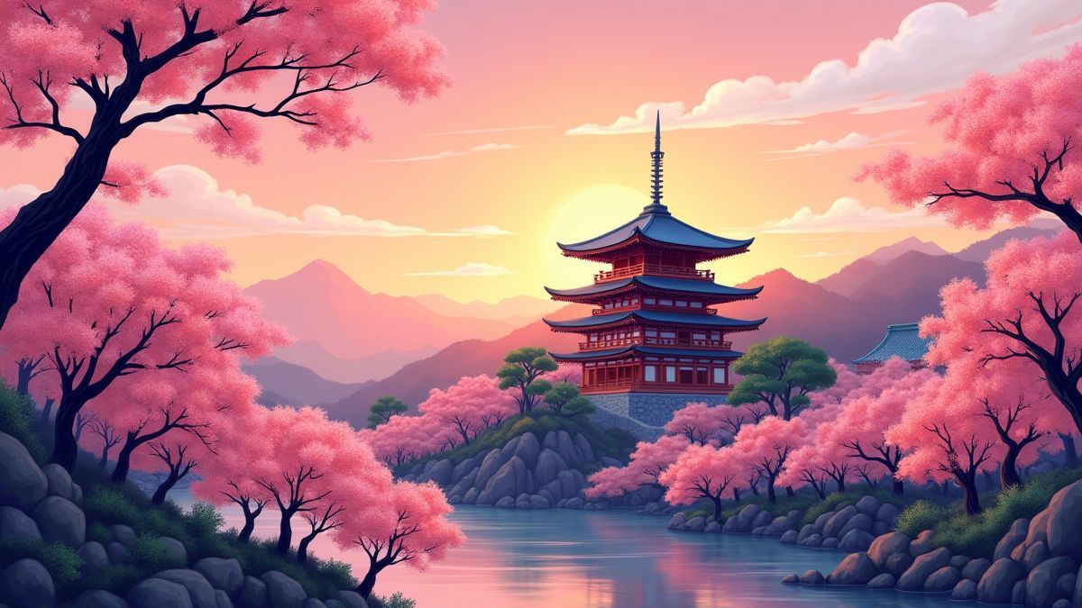 Templo japonés rodeado de árboles de cerezos en flor al atardecer.