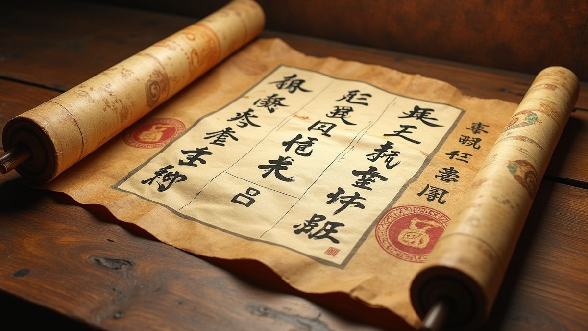 Pergamino japonés antiguo con caligrafía y símbolos samuráis.