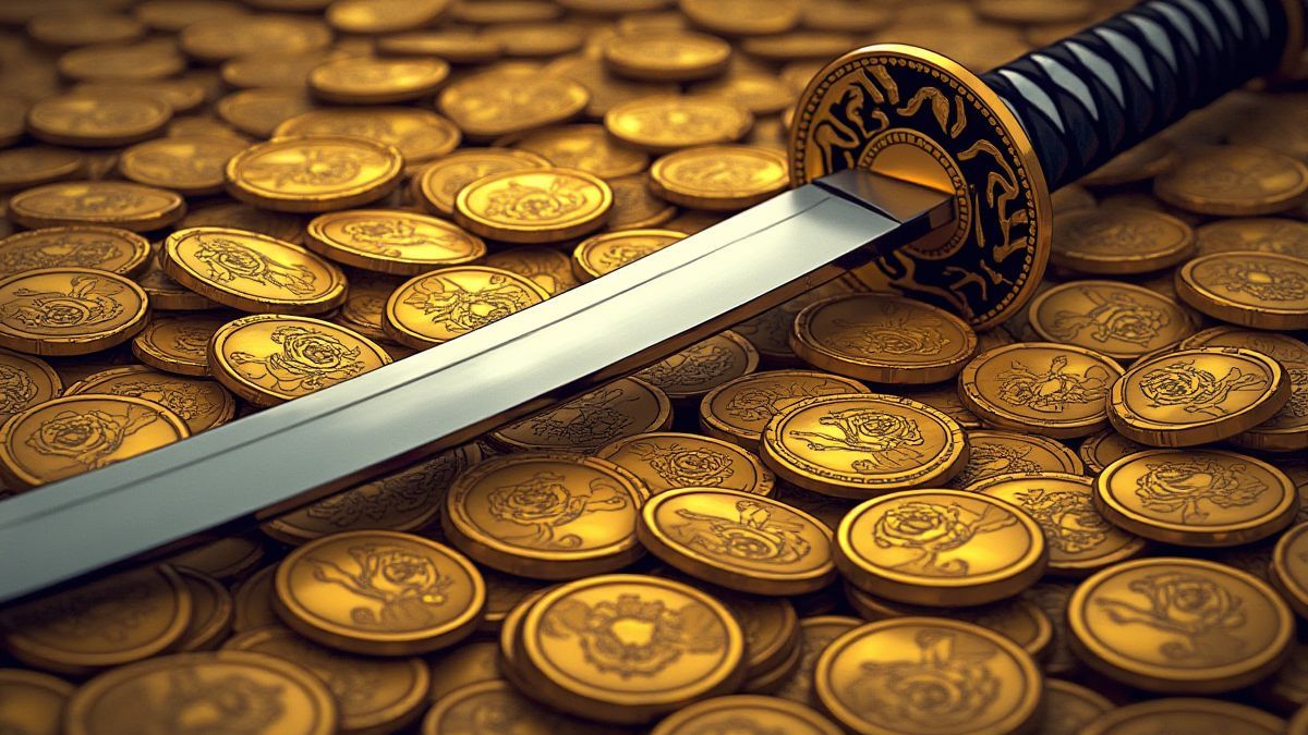 Monedas de oro y tesoros junto a una espada samurái.