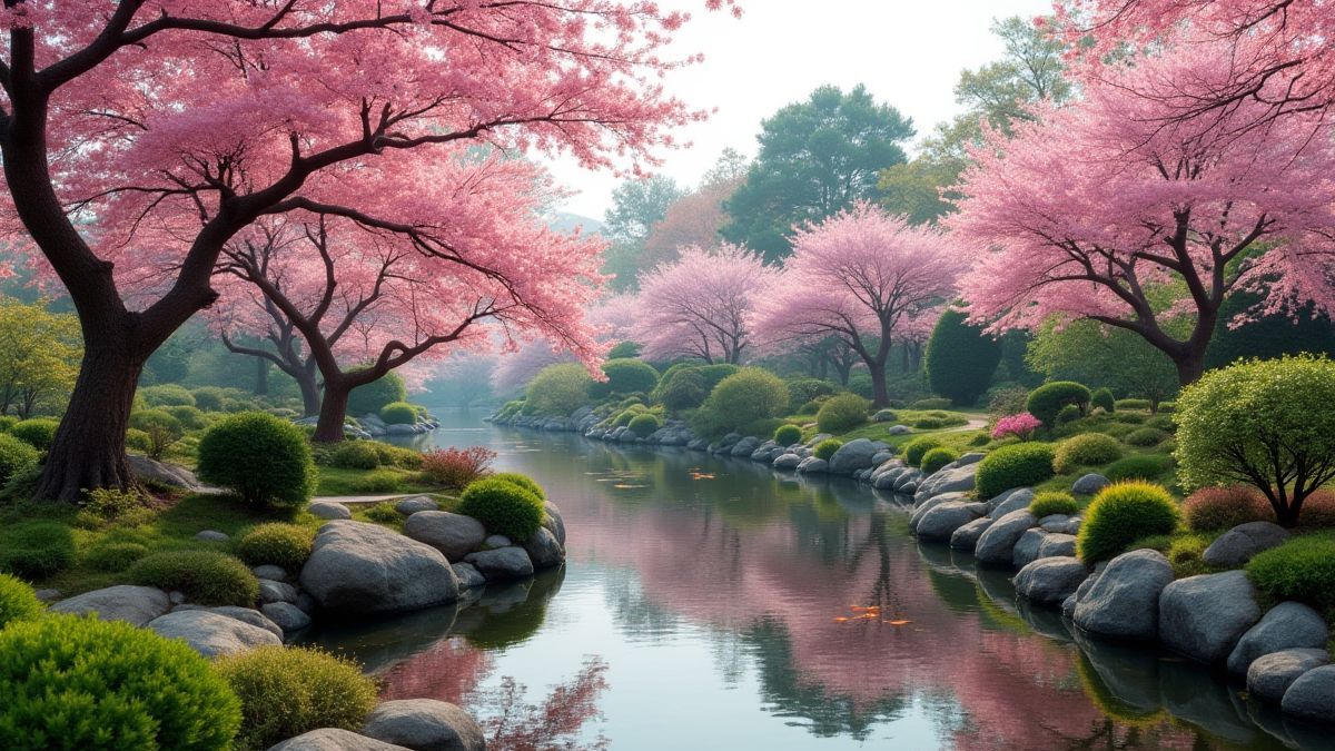 A Japanese garden with cherry blossom trees and a koi pond.
