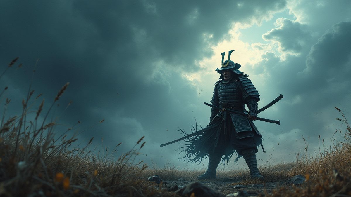 A samurai fighting under a stormy sky.