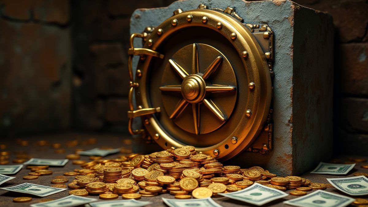 Imagen de una bóveda clásica rodeada de monedas de oro y billetes.