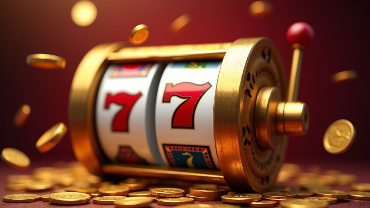 Imagen de carretes giratorios de slot con monedas alrededor.