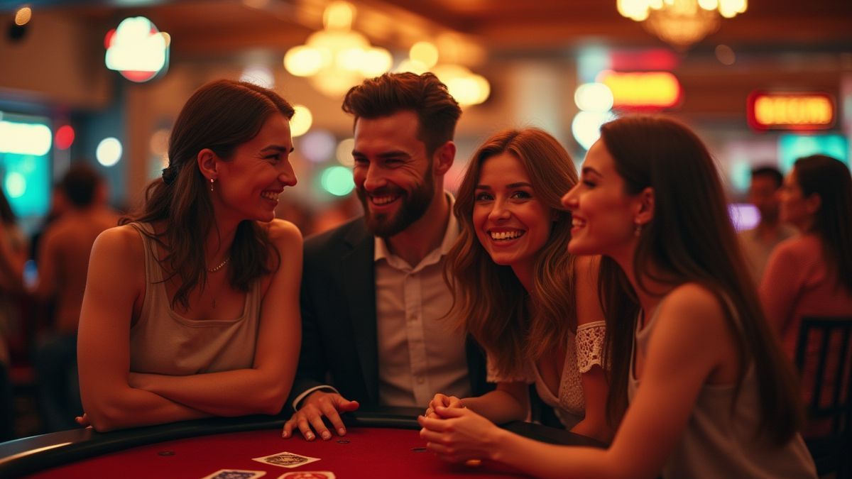 Imagen de personas disfrutando en un casino de temática retro.