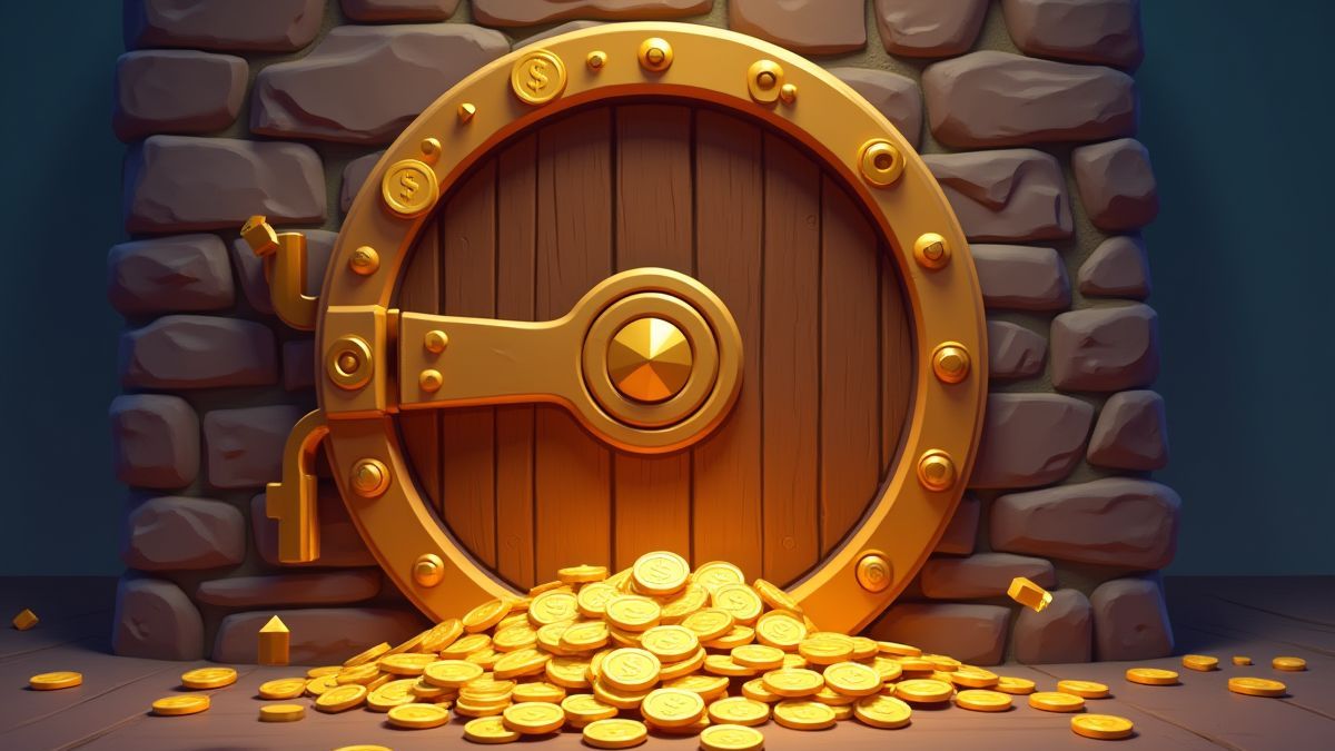 Een kluis die opengebroken wordt met gouden munten die eruit stromen.