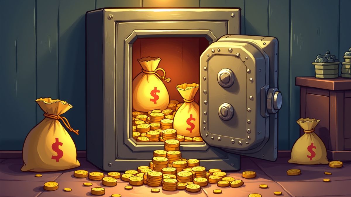 Uma caricatura de uma câmara de banco cheia de sacos de dinheiro e moedas.