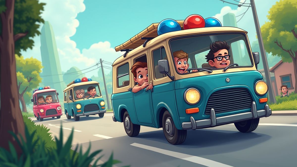 Cena animada de perseguição policial com ladrões em uma van.