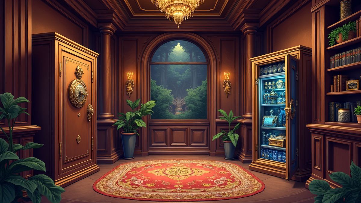 Interior de uma mansão com cofres e joias.