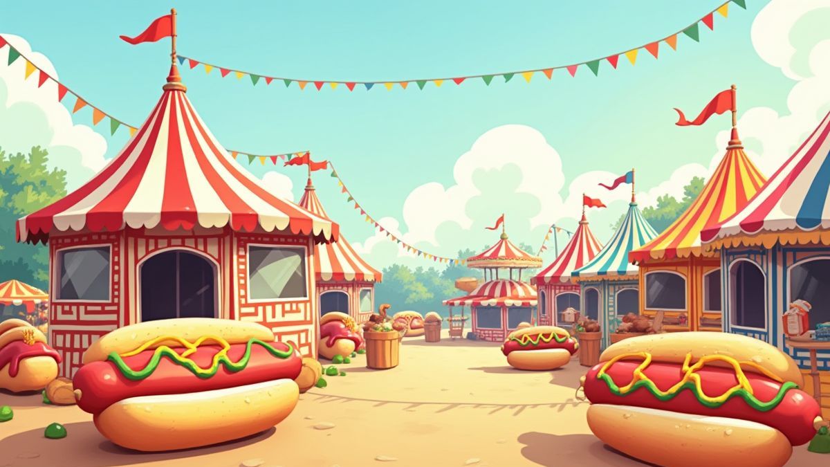 Scène de carnaval avec des stands de nourriture et des jeux.