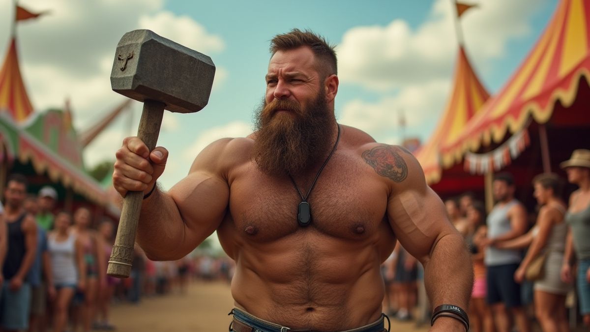 Homme fort avec un marteau dans un carnaval.