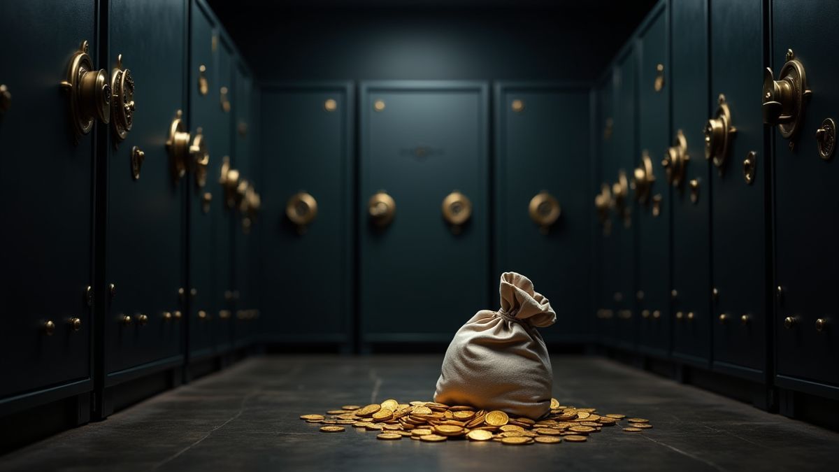 A dark room with safes and a bag of gold coins.