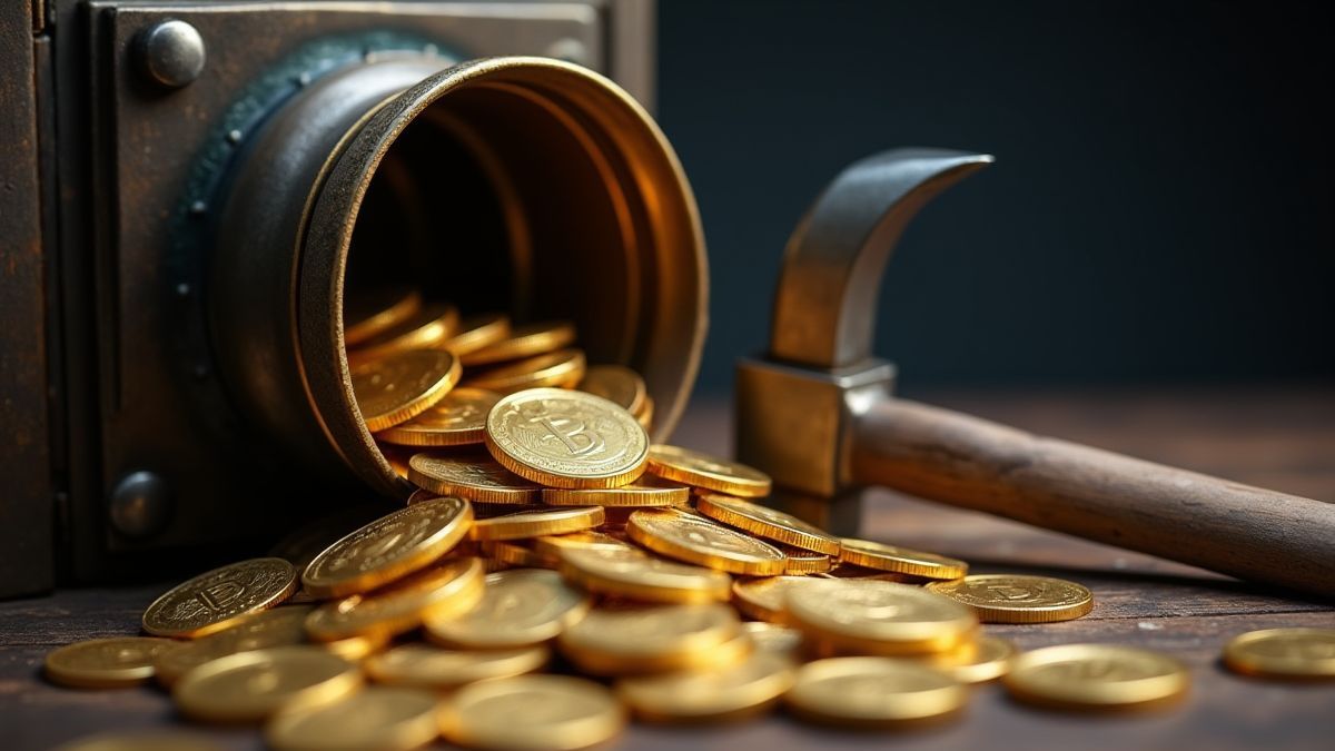 Gold coins spilling out of a safe, next to a crowbar.