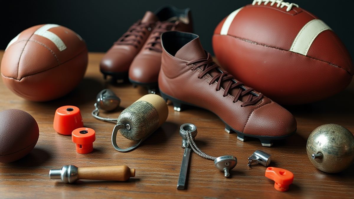 Fußballwerkzeuge wie Pfeifen und Bälle auf einem Tisch.