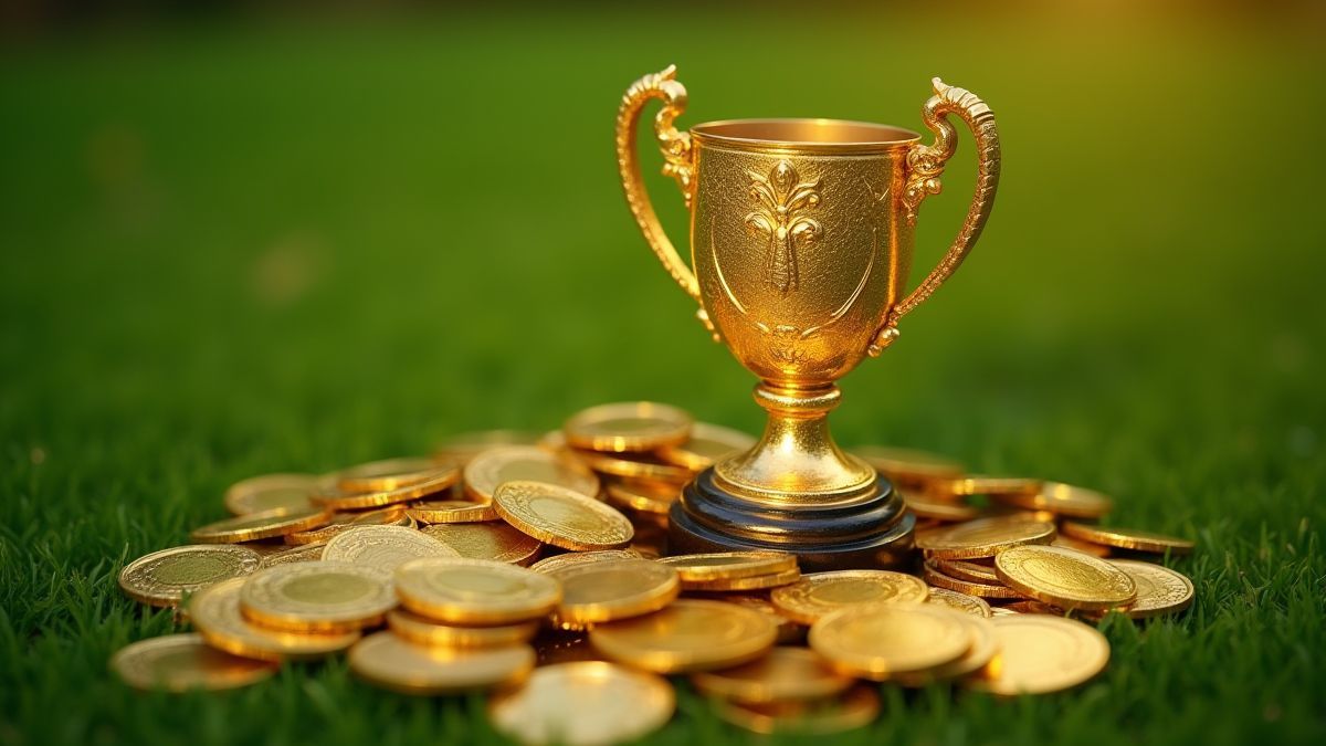 Haufen von goldenen Münzen und einem glitzernden Pokal auf grünem Gras.