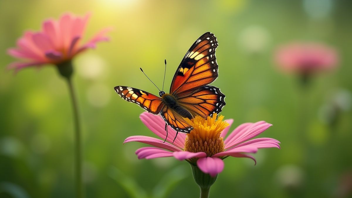Eine farbenfrohe Schmetterling, der auf einer Blume in einer üppigen Wiese ruht.
