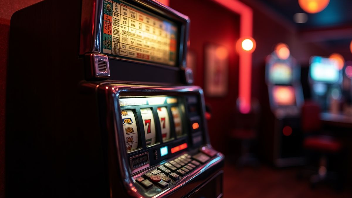 Retro-Spielautomat in einem klassisch beleuchteten Casino-Ambiente.