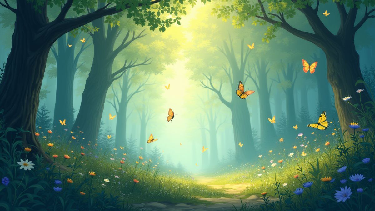 Un bosque encantado lleno de mariposas bajo la luz del día