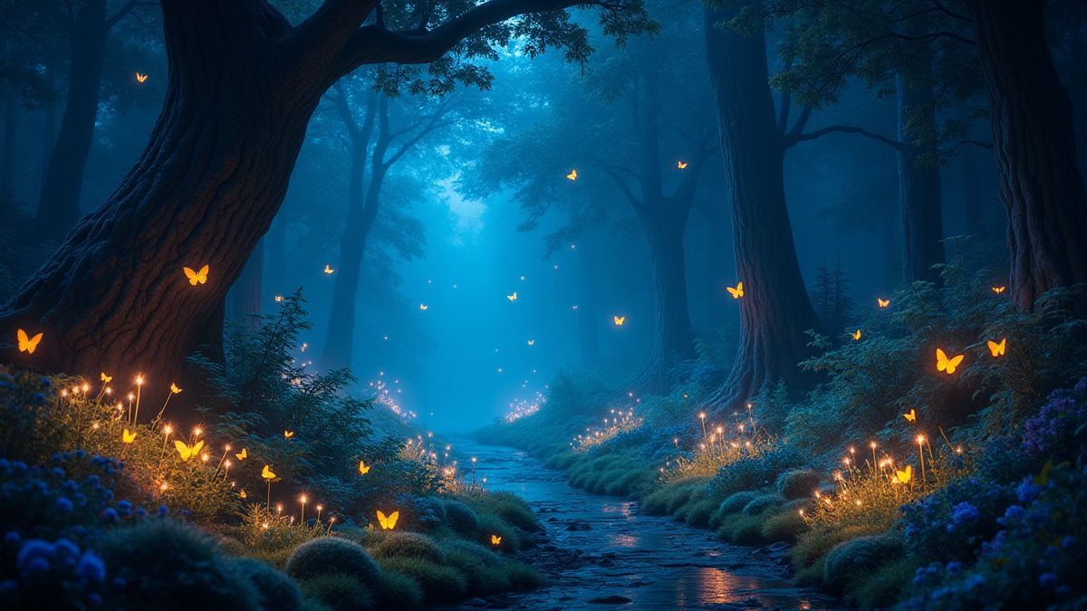 Un bosque encantado iluminado por la noche con mariposas mágicas