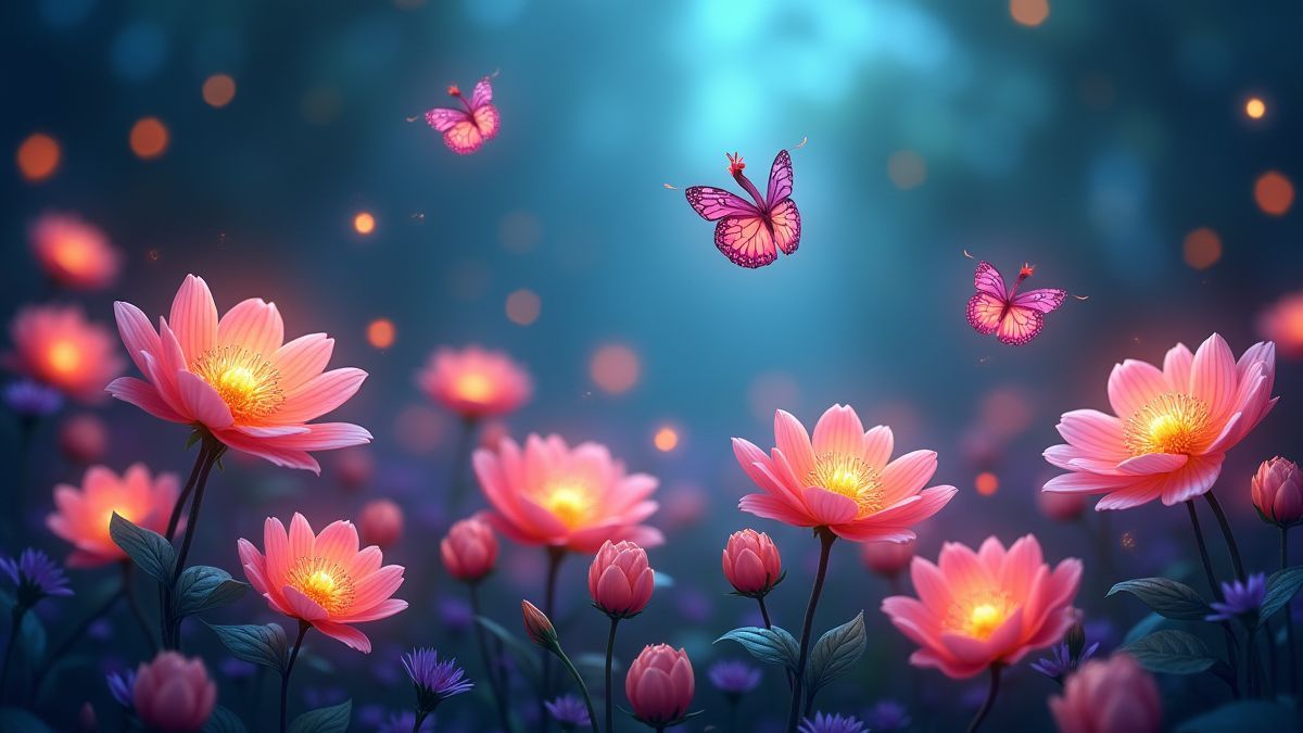 Butterflies flying over bright flowers in a magical garden