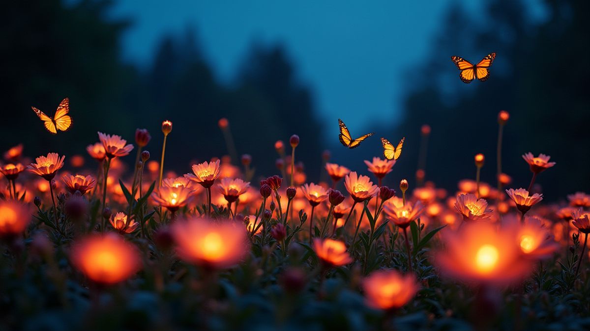 A glowing garden at dusk with butterflies flying among illuminated flowers