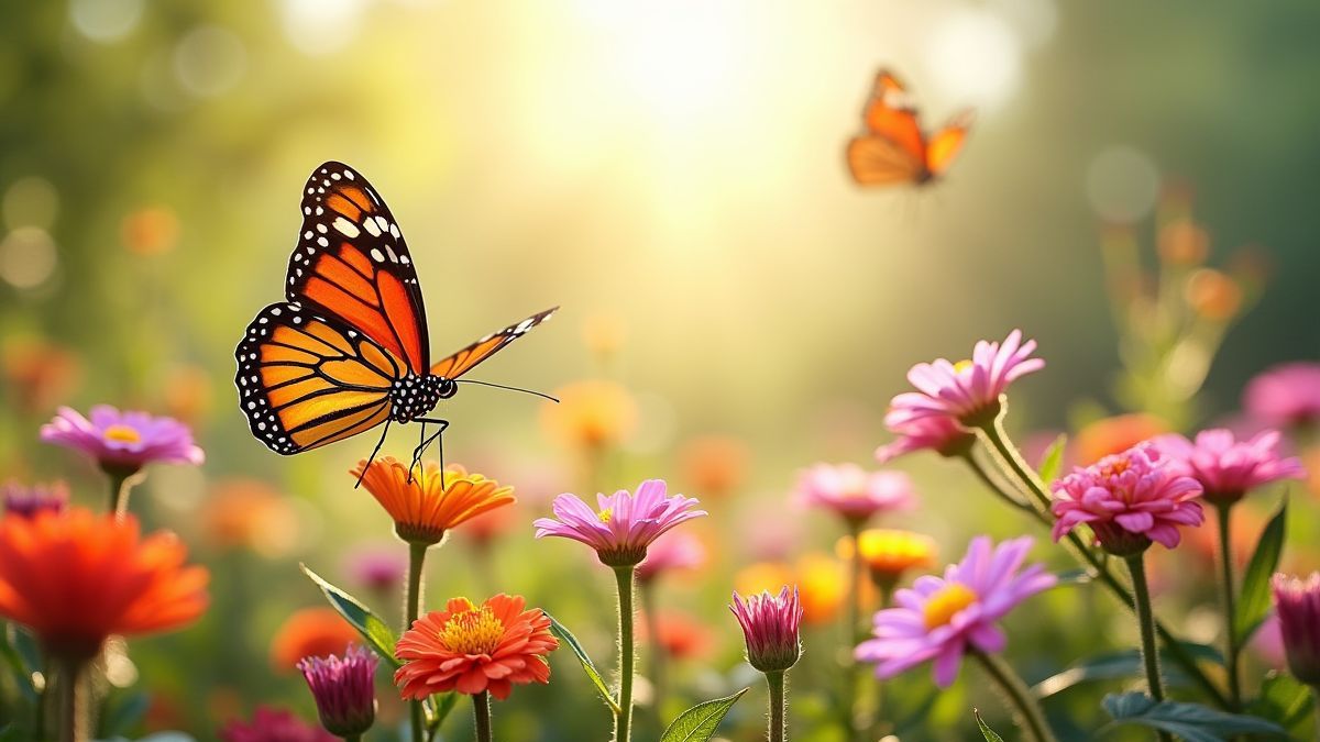 Un jardín lleno de mariposas y flores coloridas bajo la luz del sol.