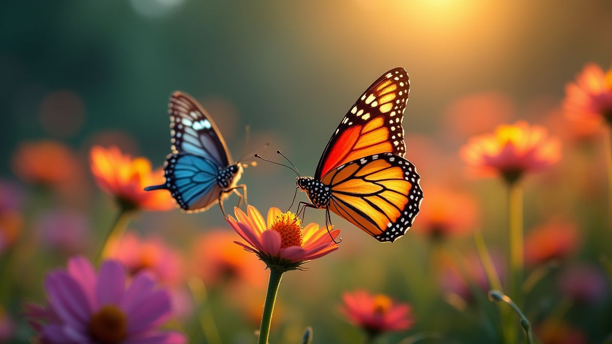 Mariposas revoloteando entre flores luminosas
