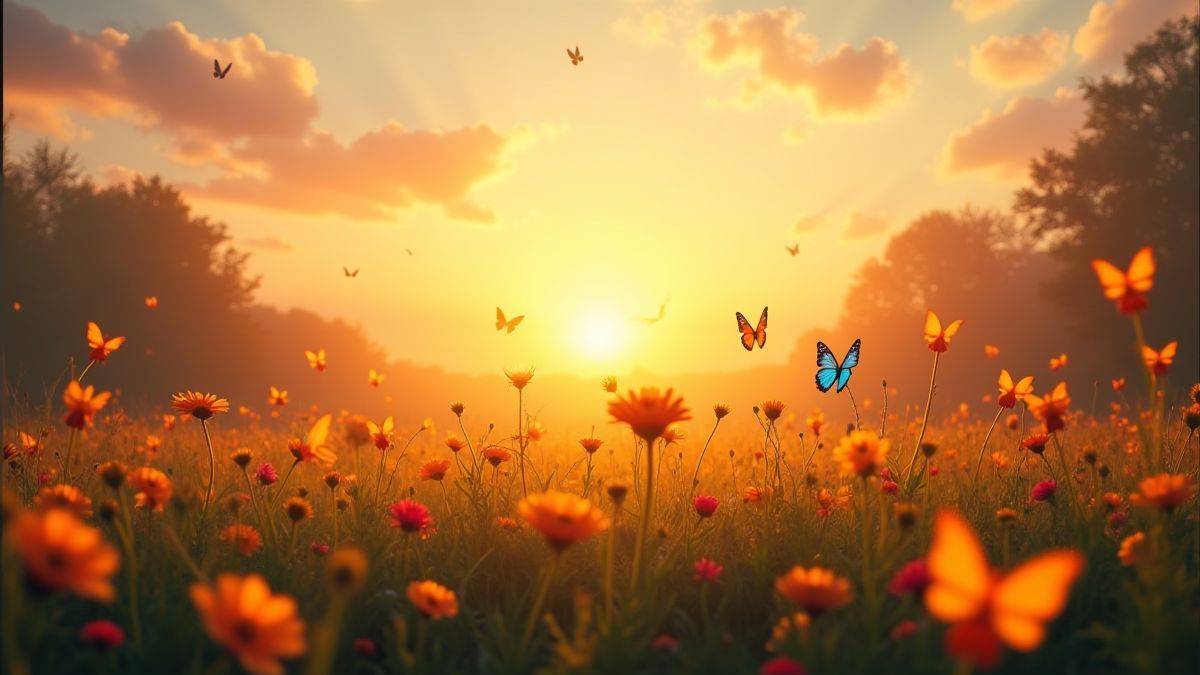 Prado al atardecer con flores luminosas y mariposas coloridas