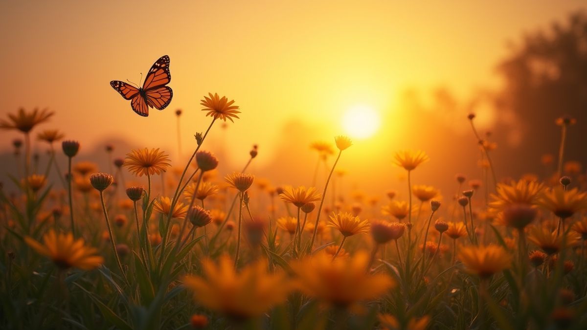 Un prado tranquilo al atardecer con mariposas volando entre flores brillantes.