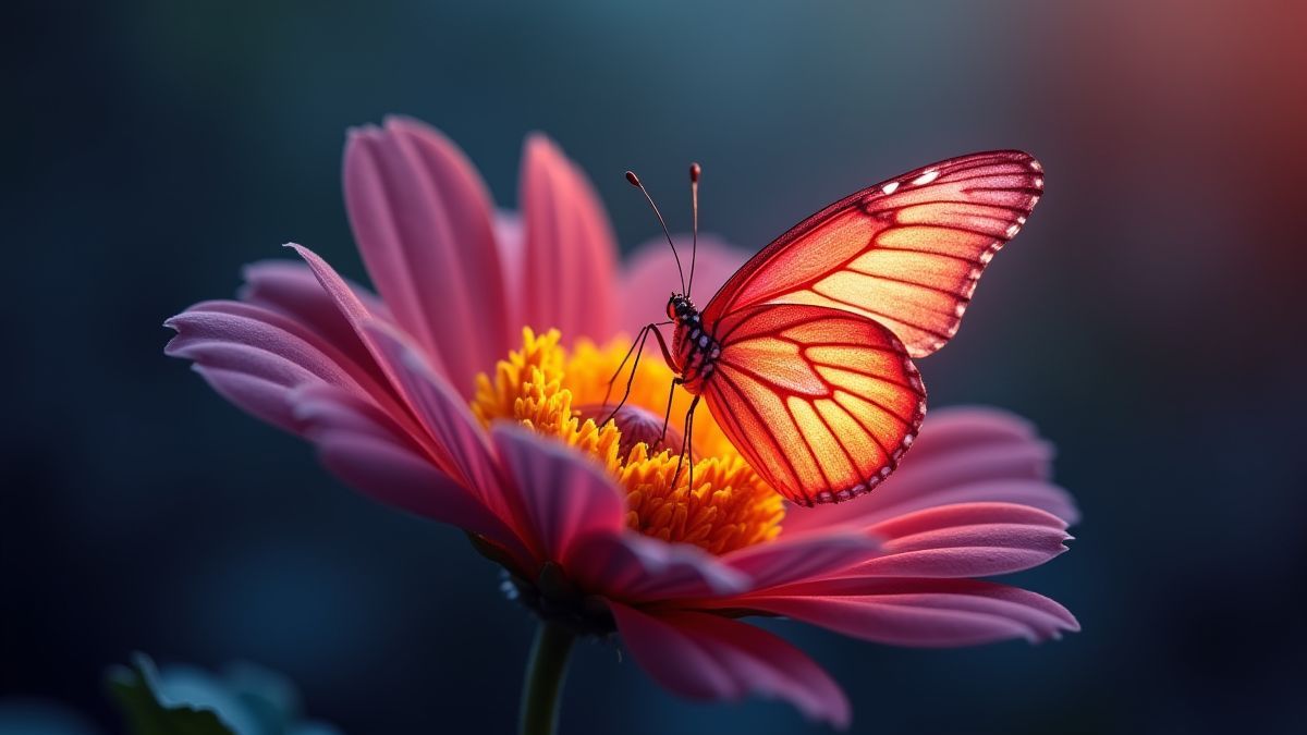 Una mariposa luminosa posada sobre una flor vibrante.