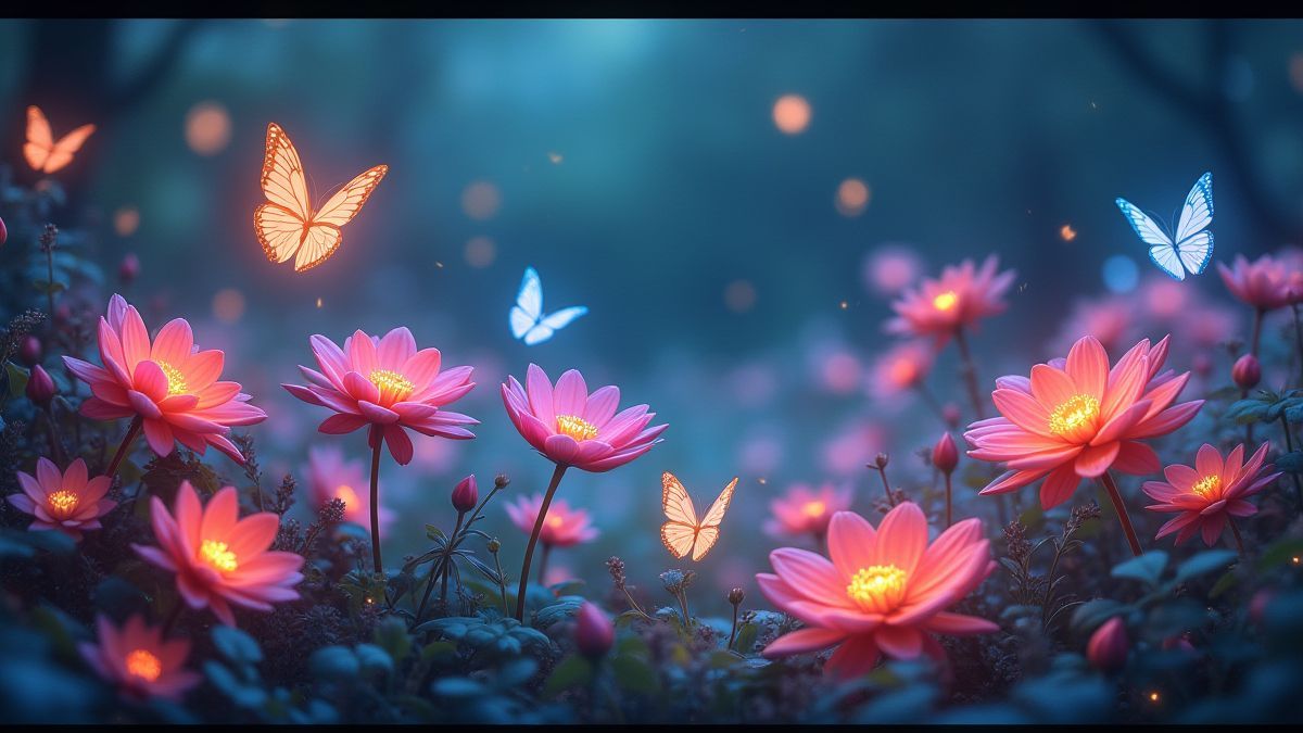 Un jardín mágico con flores resplandecientes y mariposas coloridas.