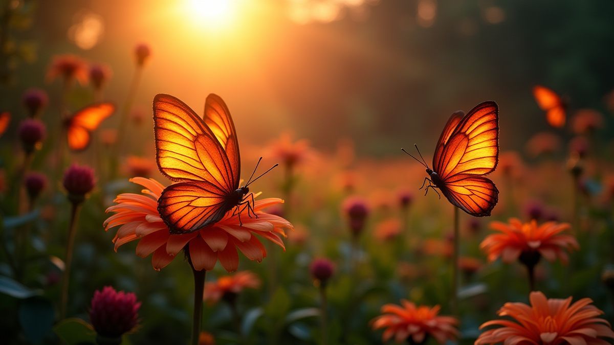 Glowing butterflies flying in a tropical garden at sunset.